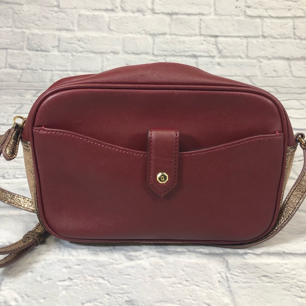 GILI Leather crossbody Bag Burgundy and metallic rose gold Pockets